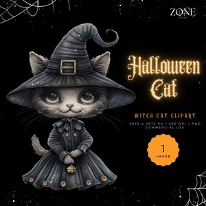 Halloween Black Cat Witch Clipart, Whimsical Quirky Clipart for Party Invite,  Witchcraft Cat Lover Gifts, DIY Cat Mug, Toy, Halloween Decor