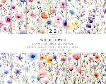 Puede incluir: Un conjunto de 22 papeles digitales con patrones de flores silvestres pintados a la acuarela. Cada patrón es sin costuras e incluye una variedad de flores rosas, azules, amarillas y moradas.