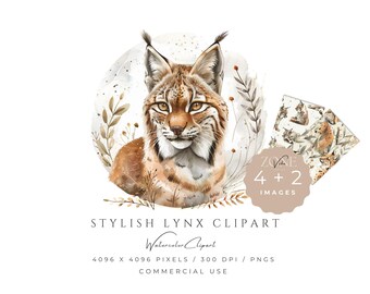Canada Lynxes Clipart Digital Papers Set, Watercolor Wild Cat Png For Lynx Lover Gift, Woodland Junk Journal, Crafts Papers, Nursery Decor