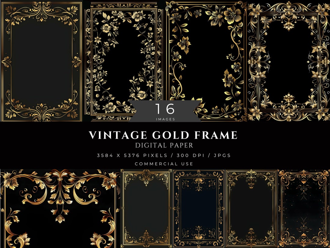 Gold Frame Background Digital Paper, Vintage Antique Border, Decorative ...