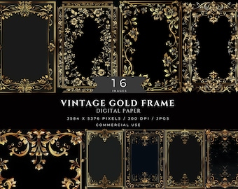 Goldrahmen Hintergrund, Digitales Papier, Vintage Antique Border, dekorativer Hintergrund für druckbare Einladung Junk Journal Scrapbook Seiten JPG