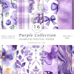 Puede incluir: Colección de 16 diseños de papel digital sin costuras en tonos morados. Los patrones incluyen lavanda, rosas, uvas, lazos y texturas de acuarela. El texto dice "Purple Collection" y "Commercial Use". Las dimensiones de la imagen son 34,67 x 34,67 cm.