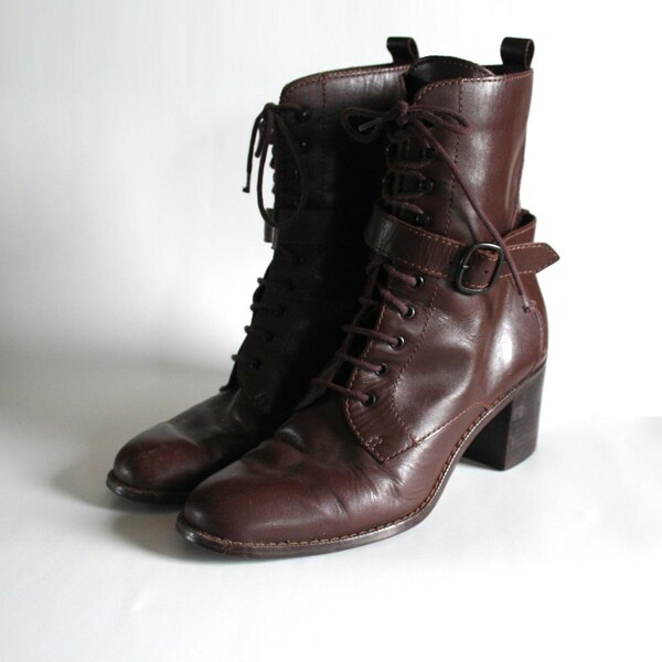 reserved. size 8/8.5 walnut brown high cut harness boots. 80s Thom McCan block heeled. granny.