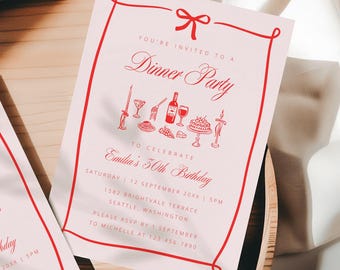 Dinner Party Invitation Template, Hand Drawn Birthday Dinner Invite, 30th 40th Any Age Invite, Italian Theme, Pink Red Birthday Drinks A07