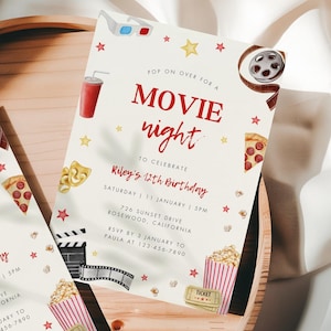 Editable Movie Night Invitation, Movie Birthday Invitation, Backyard Movie Night Invite, Cinema Birthday Party, Kids Sleep Over Invitation