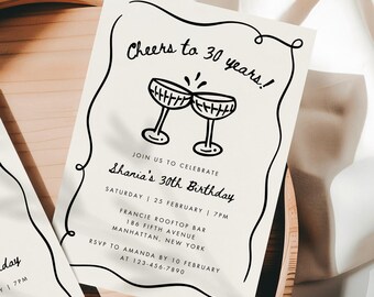Editable Hand Drawn 30th Birthday Invite, Wavy 30th Birthday Invitation Template, Black Beige Cocktail 30th Birthday Party, Dirty Thirty A03