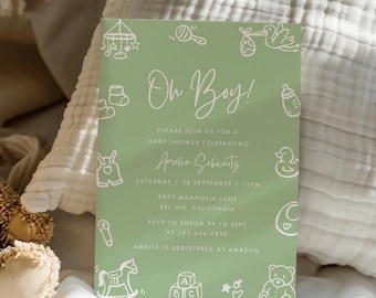 Plantilla de invitación para baby shower en verde salvia, invitación para baby shower de niño, invitación minimalista para baby shower de niño, decoración neutral para baby shower (B08)