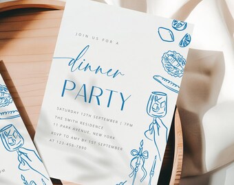 Hand Drawn Illustrated Invitation, Custom Editable Dinner Party Template, Italy Mediterranean Vibe, European Wedding Invite, Illustration M8