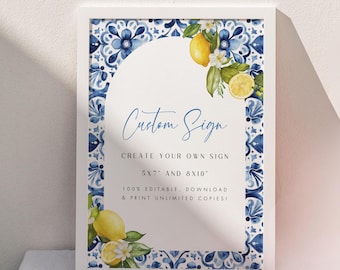Editable Mediterranean Blue Tile Lemon Custom Sign Template, Amalfi Coast Wedding Sign, Italian Bridal Shower Sign, Custom Table Sign Arch