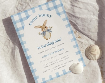 Some Bunny is One Invitation, 1st Birthday Boy Invitation, Bunny Boy Birthday Party Invitation, Blue Rabbit Spring First Birthday Invite