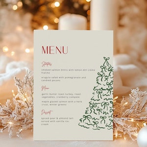 Fantazyjny ręcznie rysowany szablon menu świątecznego, edytowalne menu kolacji na przyjęcie świąteczne, do pobrania w wersji cyfrowej, choinka z kokardą, menu świąteczne