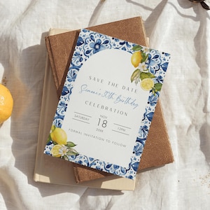 Mediterranean Save The Date, Editable Mediterranean Lemon Birthday Invitation, Blue Tile Amalfi Coast Engagement Party Italian Wedding Evite