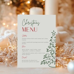 Bearbeitbare Weihnachtsmenüvorlage, handgezeichnetes wunderliches Urlaubspartymenü, kritzelnder Weihnachtsbaum druckbare Menüvorlage, sofortiger Download