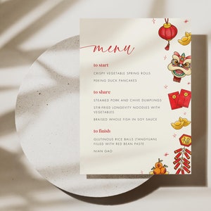 Modelo de menu chinês editável, Ano Novo Lunar 2025 para impressão, Menu de celebração do Ano Novo da Cobra 2025, Celebração chinesa, Festa asiática vermelha