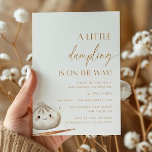 Bewerkbare kleine knoedel babyshower uitnodiging, genderneutraal bao dim sum thema, schattig knoedelfeest, digitale Boho babystrooisel uitnodigen
