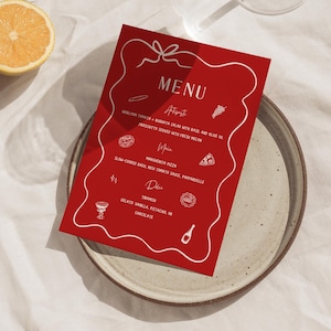 Bearbeitbares italienisches Abendessen, Menükarte für das rote Abendessen, Handgezeichnetes Hochzeitsmenü, Pizza-Party-Menü, Amore-Menükarte, Pasta-Party IE03