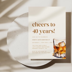 Sjabloon whisky verjaardagsuitnodiging, heren sigaar bourbon-liquor party, bewerkbare digitale uitnodiging, volwassene 40e, 50e, 60e, Cheers to 40 Years
