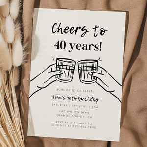 May include: A white card with black text and a line drawing of two hands holding up glasses of liquid. The text reads "Cheers to 40 years!" and includes details for John's 40th birthday party.