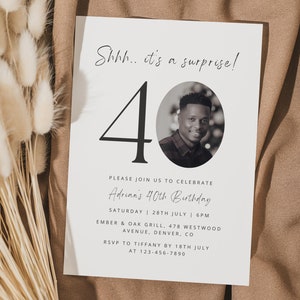 Editable Surprise 40th Birthday Invitation Template, Forty Surprise Birthday Invite, Digital Download, Minimalist Invite, Male Female 40th