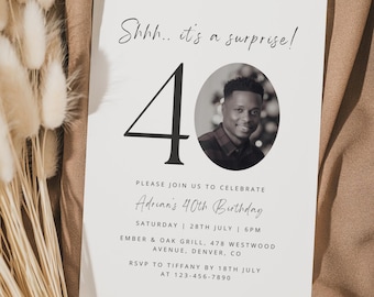 Editable Surprise 40th Birthday Invitation Template, Forty Surprise Birthday Invite, Digital Download, Minimalist Invite, Male Female 40th