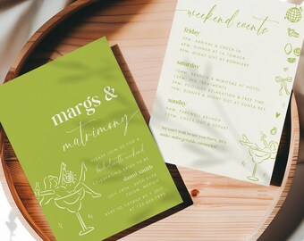May include: Green and white invitation for a bachelorette weekend with the text "margs & matrimony" and a line drawing of a woman in a margarita glass. The weekend events are listed on a separate card with a green and white design.