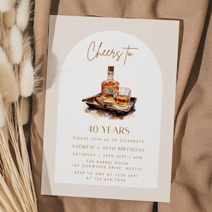 Modelo de convite de aniversário de uísque editável, Cheers to 40 Years Invite, Adulto masculino 30º 40º 50º Qualquer idade, Licor escocês de conhaque, Homens 40º