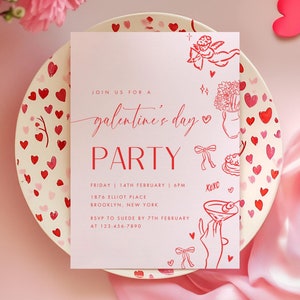 Bearbeitbare Galentines Day Einladung, Handgezeichnete Valentinstag Party Einladung, Pink Doodle Galentines Girls Night Invite, Valentinstag Vorlage