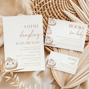 Bewerkbare kleine knoedel babyshower uitnodigingsset, knoedel babyshowerbundel, kleine knoedelfeest, bao dim sum beige babystrooisel