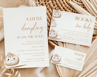 編集可能なリトルダンプリングベビーシャワー招待状セット、ダンプ