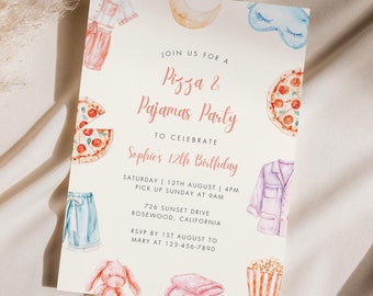 Editable Pizza and Pajamas Birthday Invitation, Sleepover Birthday Invite, Slumber Party, Pajama Party, Girl Movie Night, Digital Download