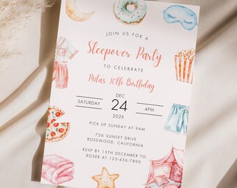 Editable Sleepover Party Birthday Invitation, Slumber Party Printable, Pajama Party Invite, Teen Girl Pizza Pastel Birthday Invite, Digital