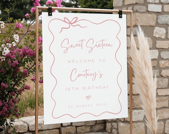 Pink Sweet 16 Welcome Sign, 16th Birthday Welcome Poster, Teen Sweet Sixteen Birthday Welcome Sign Template, Pink Bow 16th Party Signage S02