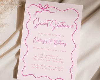 May include: A pink Sweet Sixteen invitation with a decorative pink border and bow design. The invitation includes the text "Sweet Sixteen" and details for Courtney's 16th birthday celebration, including the date, time, and location.