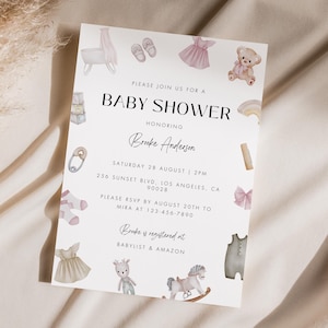 Editable Baby Girl Shower Invitation Template, Boho Baby Shower Invitation, Pink Baby Clothes Shower Invite, Neutral Baby Shower Invite