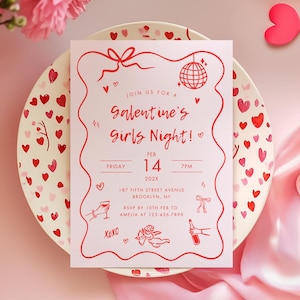 Galentines Girls Night Einladung, handgezeichnete Valentinstag Party Vorlage, bearbeitbare rosa rote Coquette Scribble Galentines Party einladen