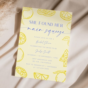 She Found Her Main Squeeze Bridal Shower Invite, Blue Mediterranean Lemon Theme, Amalfi Coast, Hand Drawn Citrus Lemon Bridal Shower C01