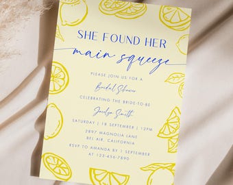 She Found Her Main Squeeze Bridal Shower Invite, Blue Mediterranean Lemon Theme, Amalfi Coast, Hand Drawn Citrus Lemon Bridal Shower C01