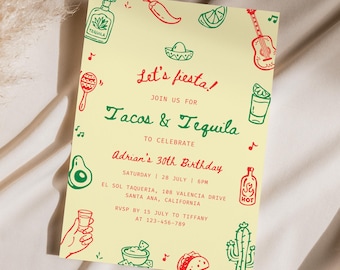 Invito di compleanno a tema tacos e tequila, invito per festa di compleanno a tema messicano, invito per festa per adulti, 30° e 40° compleanno, invito per festa del taco A04