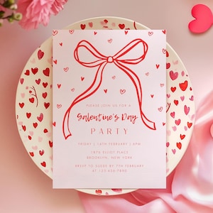 Bearbeitbare Galentines Bow-Einladung, handgezeichnete Galentines Day Party einladen, Valentinstag, Pink Galentines Girls Night, Galentines Brunch