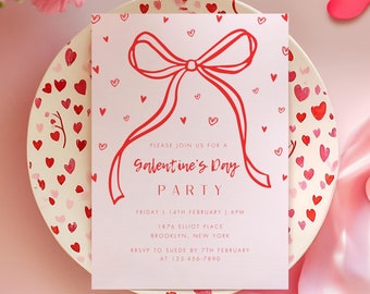 Editable Galentines Bow Invitation, Hand Drawn Galentines Day Party Invite, Valentines Day, Pink Galentines Girls Night, Galentines Brunch