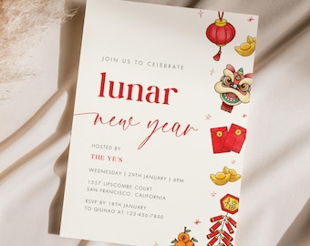 Editable Lunar New Year Invitation, Chinese New Year 2025 Invite Template, Printable Year of the Snake Celebration Card, Chinese Celebration