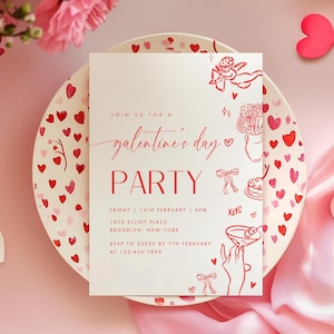 Bearbeitbar Galentines Day Party einladen, Handgezeichnete Valentinstag Einladung, Pink Scribble Galentines Girls Night, Galentines Brunch Einladen