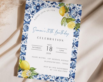 Editable Mediterranean Lemon Birthday Invitation, Blue Tile Italian Amalfi Coast Party Template, Citrus Tuscan Printable Invite, Arch, 30th