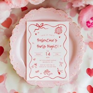 Galentines Girls Night Einladung, handgezeichnete Valentinstag Party Vorlage, bearbeitbare rosa rote Coquette Scribble Galentines Party einladen