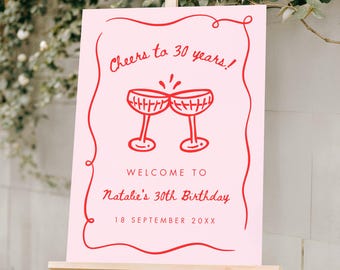 30th Birthday Welcome Sign Template, Cheers To 30 Years Welcome Sign, Editable Red and Pink 30th Birthday Sign, Wavy 21st Birthday Sign A02