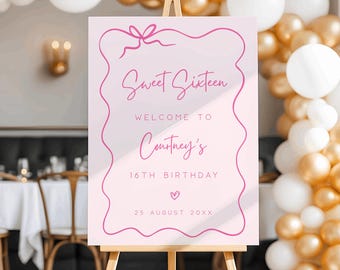 Pink Sweet 16 Welcome Sign, 16th Birthday Welcome Poster, Editable Sweet Sixteen Birthday Welcome Sign Template, Pink Bow 16th Party Signage