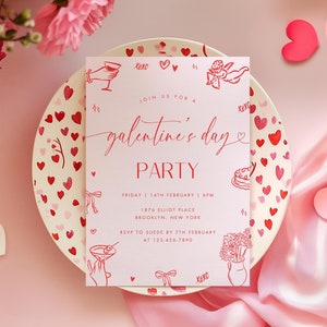 Bearbeitbare Galentines Day Party einladen, Handgezeichnete Galentines Girls Night Einladung, druckbare Pink Coquette Valentines Day Party Vorlage