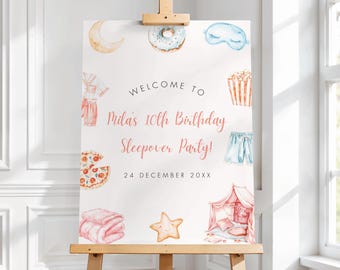 Editable Sleepover Birthday Welcome Sign, Slumber Party Welcome Poster, Popcorn Pizza Pajamas Movie Night Sign, Printable Sleepover Party S2