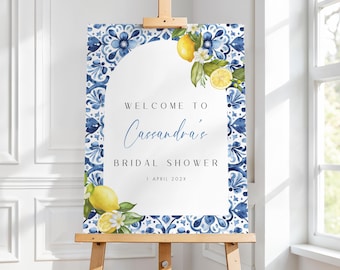 Mediterranean Lemon Bridal Shower Welcome Sign, Amalfi Coast Blue Tiles Positano Printable Template, Tuscan Italian Wedding Coastal Arch
