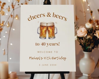 Cheers & Beers Birthday Welcome Sign Template, Printable Beer Party Poster for Adult Birthday, Birthday Welcome Sign For Men Male 40th Decor